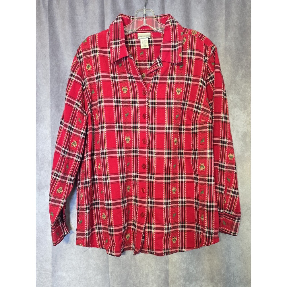 Fashion Bug Christmas Plaid Shirt Womens 14/16W Red Holly Gold Lurex VTG